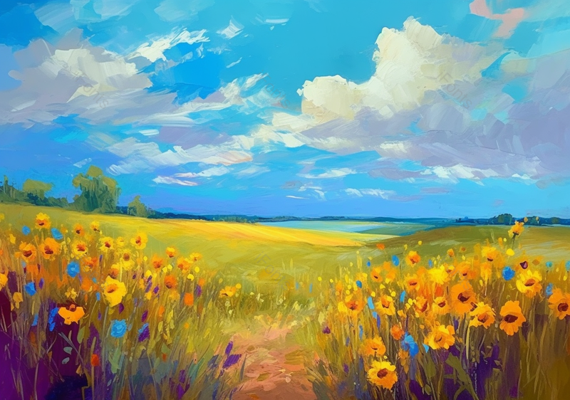 夏日晴朗蓝天白云平原黄色花丛田园风格油画插画素材,插画/手绘图,插画/手绘图库,插画/手绘图下载,插画/手绘
